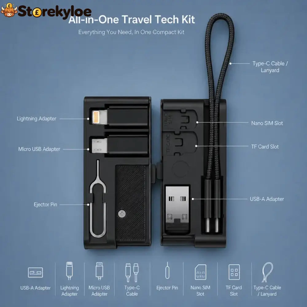 🔌 Pocket Travel Cable Kit – Usb-c Cable 3 Adapters Sim/tf Storage & Phone Stand