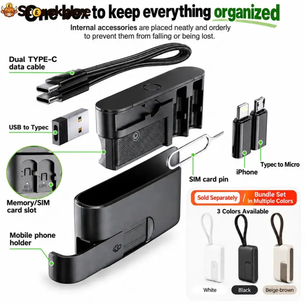 🔌 Pocket Travel Cable Kit – Usb-c Cable 3 Adapters Sim/tf Storage & Phone Stand