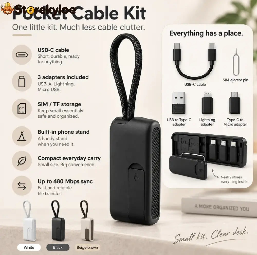 🔌 Pocket Travel Cable Kit – Usb-c Cable 3 Adapters Sim/tf Storage & Phone Stand - Black