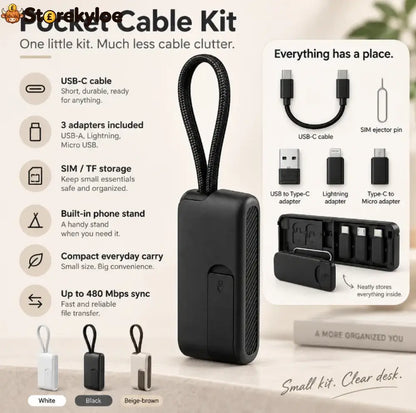 🔌 Pocket Travel Cable Kit – Usb-c Cable 3 Adapters Sim/tf Storage & Phone Stand - Black