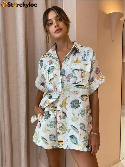 Printed Shirts Shorts Suit Female Holiday Casual Short Sleeve Loose Top Linen Women 2 Pieces Set Summer Fashion Outfits