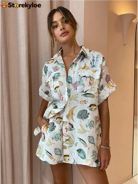 Printed Shirts Shorts Suit Female Holiday Casual Short Sleeve Loose Top Linen Women 2 Pieces Set Summer Fashion Outfits