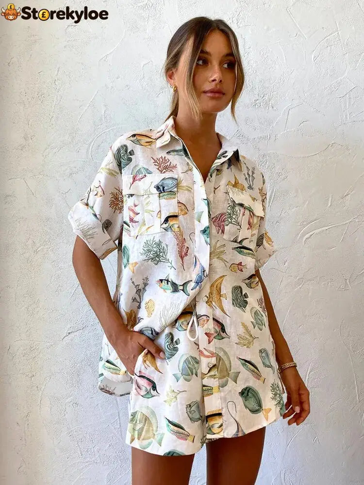 Printed Shirts Shorts Suit Female Holiday Casual Short Sleeve Loose Top Linen Women 2 Pieces Set Summer Fashion Outfits