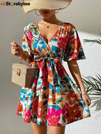 Printed Surplice Short Sleeve Mini Dress