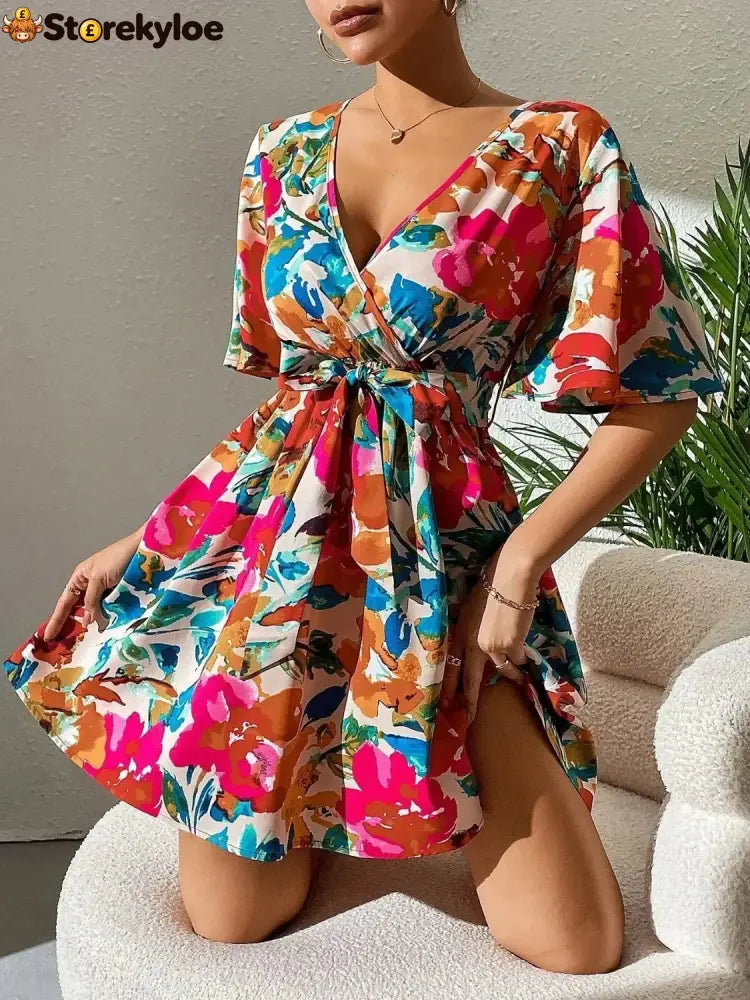 Printed Surplice Short Sleeve Mini Dress