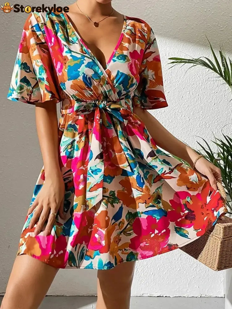 Printed Surplice Short Sleeve Mini Dress