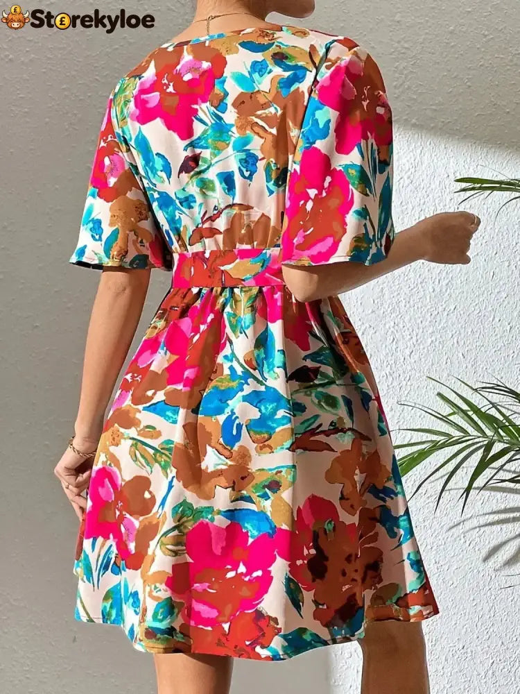 Printed Surplice Short Sleeve Mini Dress
