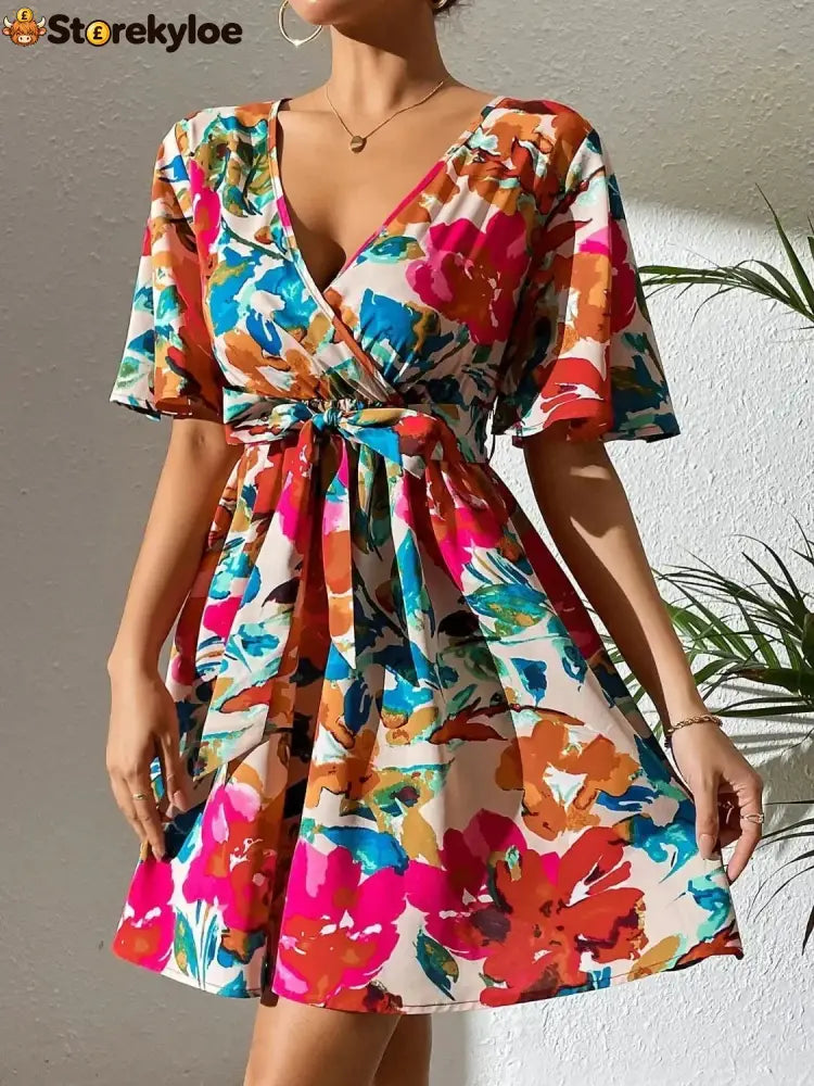 Printed Surplice Short Sleeve Mini Dress