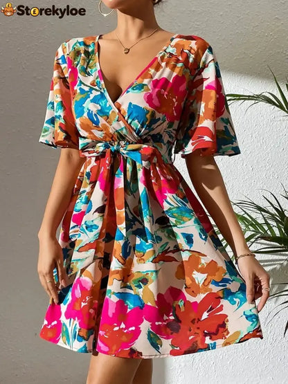 Printed Surplice Short Sleeve Mini Dress