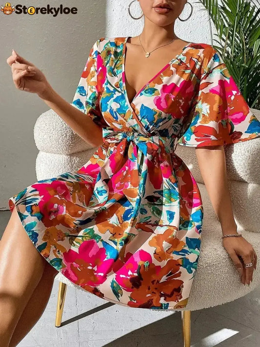 Printed Surplice Short Sleeve Mini Dress - Hot Pink / S