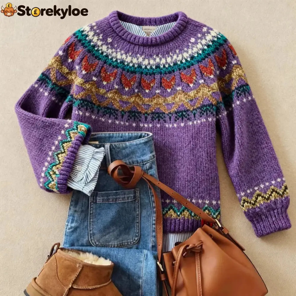 Purple-Classic Vintage Knit Sweater - Purple / S