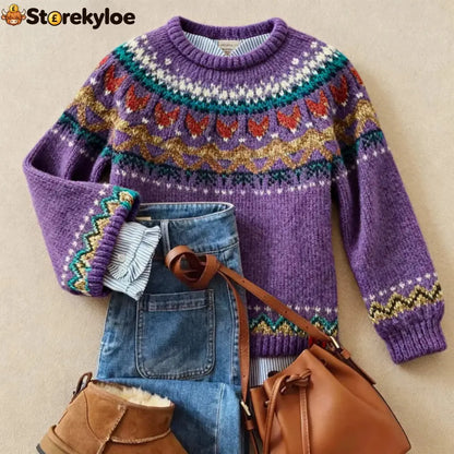 Purple-Classic Vintage Knit Sweater - Purple / S
