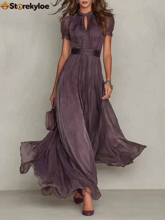 Purple Keyhole Neckline Chiffon Lace Trim Maxi Dress - Purple / S