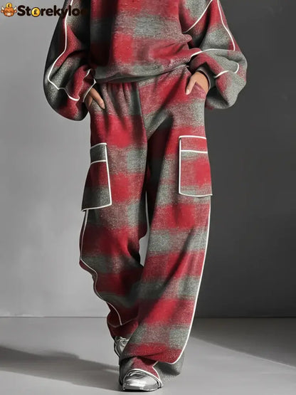 Red and Gray Plaid Color-blocked Sweatshirt and Casual Pants Two-piece set