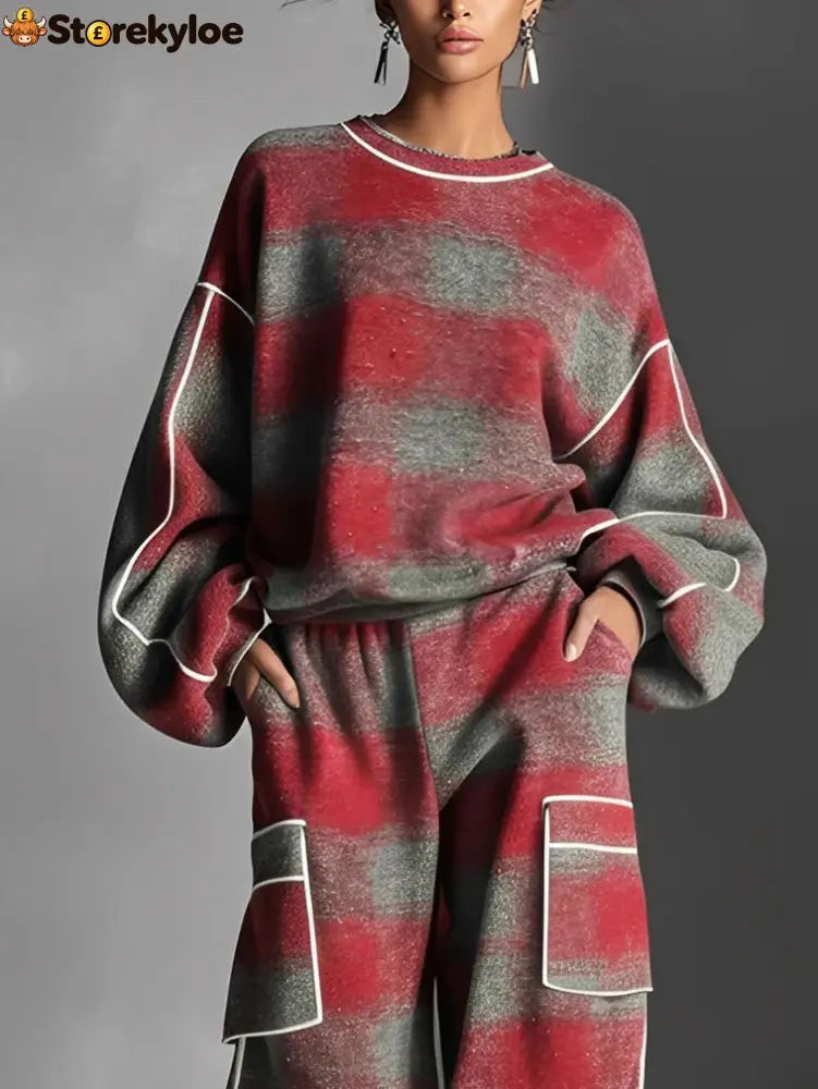 Red and Gray Plaid Color-blocked Sweatshirt and Casual Pants Two-piece set