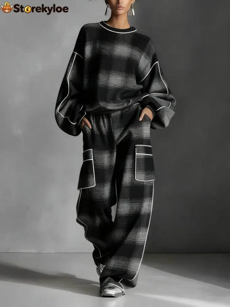 Red and Gray Plaid Color-blocked Sweatshirt and Casual Pants Two-piece set - Black / S