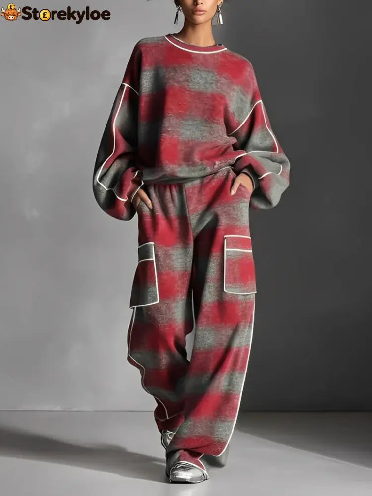 Red and Gray Plaid Color-blocked Sweatshirt and Casual Pants Two-piece set - Red Gray / S
