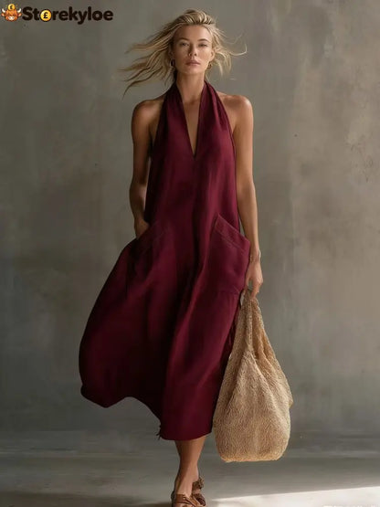 Relaxed Halter Neck Linen Midi Dress with Pockets - Burgundy / XS