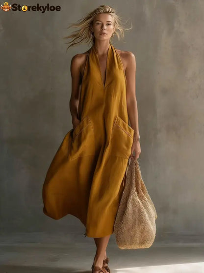 Relaxed Halter Neck Linen Midi Dress with Pockets - Orange / XS