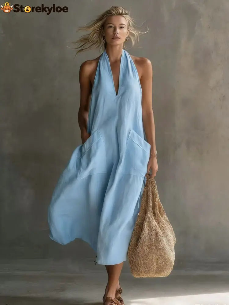 Relaxed Halter Neck Linen Midi Dress with Pockets - Sky blue / XS