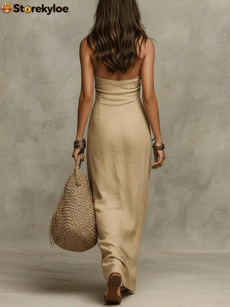Relaxed Soft Drape Halter Column Linen Halter Maxi Dress