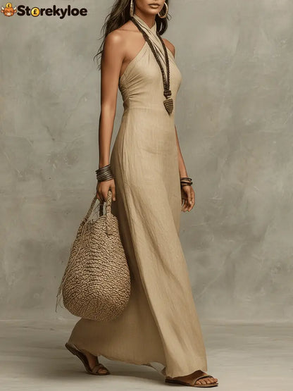 Relaxed Soft Drape Halter Column Linen Halter Maxi Dress