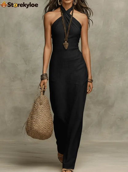 Relaxed Soft Drape Halter Column Linen Halter Maxi Dress - Black / XS