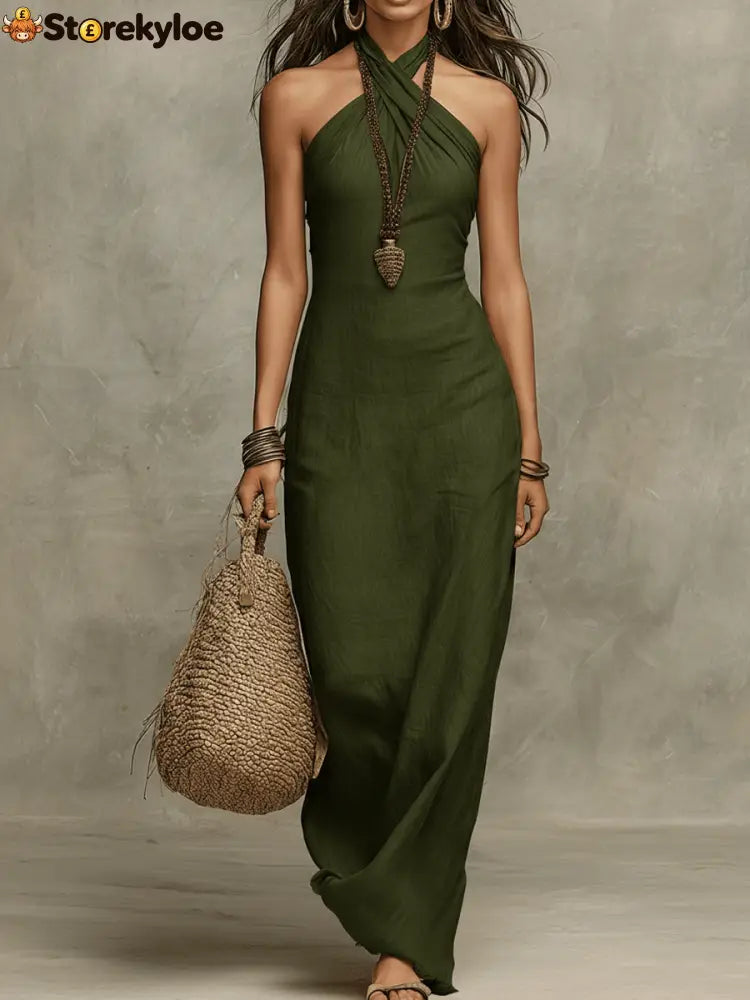 Relaxed Soft Drape Halter Column Linen Halter Maxi Dress - Green / XS