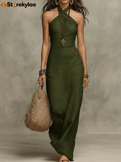 Relaxed Soft Drape Halter Column Linen Halter Maxi Dress - Green / XS