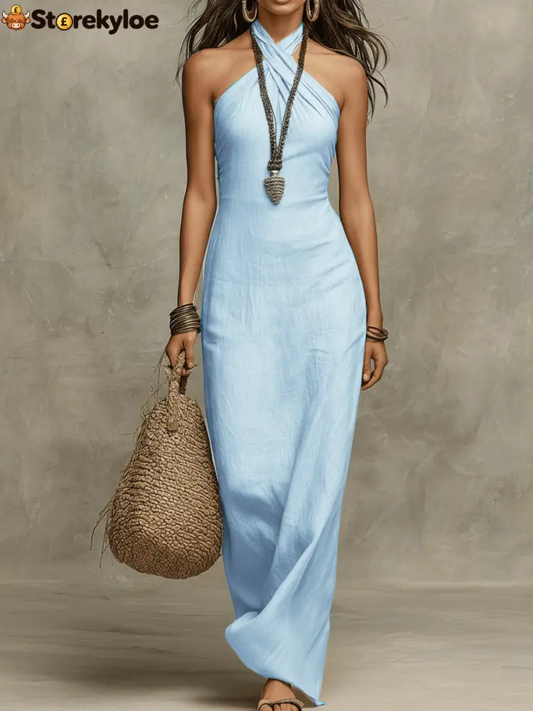 Relaxed Soft Drape Halter Column Linen Halter Maxi Dress - Light Blue / XS