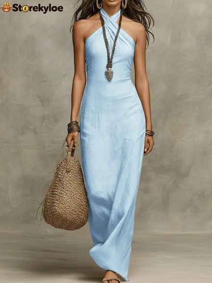 Relaxed Soft Drape Halter Column Linen Halter Maxi Dress - Light Blue / XS
