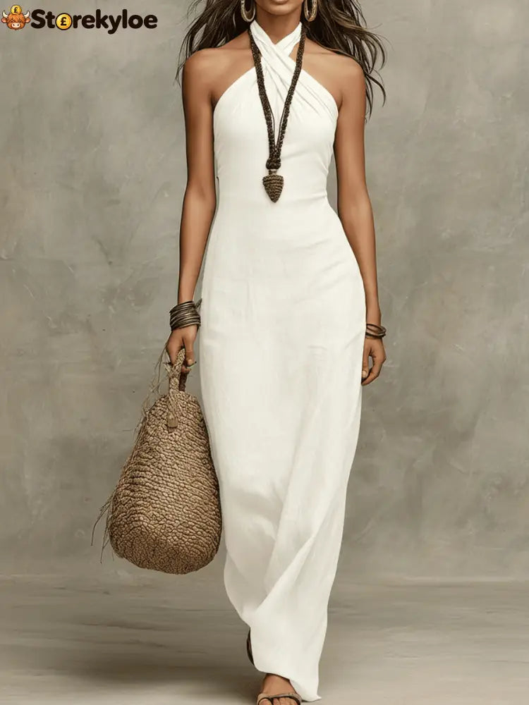 Relaxed Soft Drape Halter Column Linen Halter Maxi Dress - White / XS