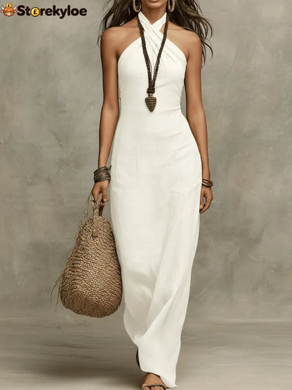 Relaxed Soft Drape Halter Column Linen Halter Maxi Dress - White / XS