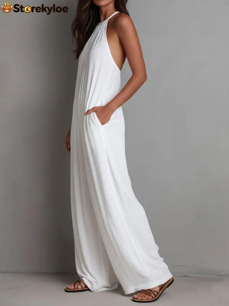 Resort White Pleated Halter Wide-Leg One-Piece Jumpsuit