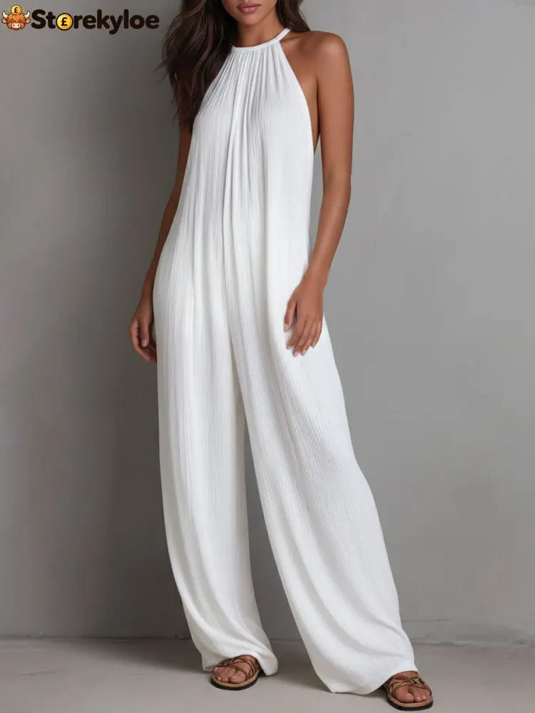 Resort White Pleated Halter Wide-Leg One-Piece Jumpsuit