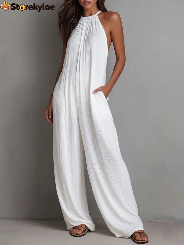 Resort White Pleated Halter Wide-Leg One-Piece Jumpsuit