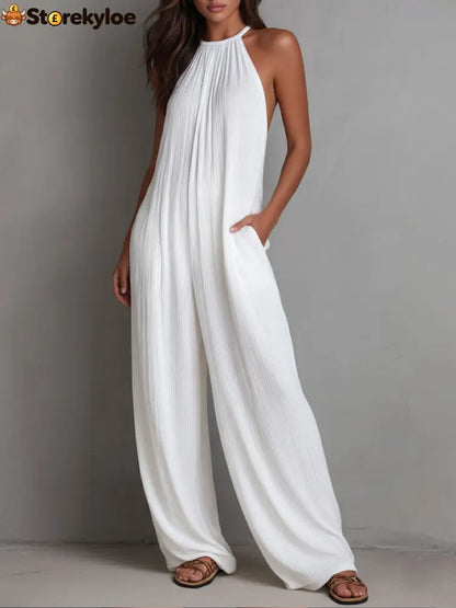Resort White Pleated Halter Wide-Leg One-Piece Jumpsuit