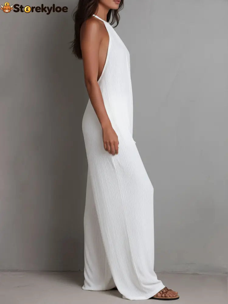 Resort White Pleated Halter Wide-Leg One-Piece Jumpsuit