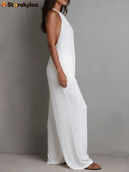 Resort White Pleated Halter Wide-Leg One-Piece Jumpsuit