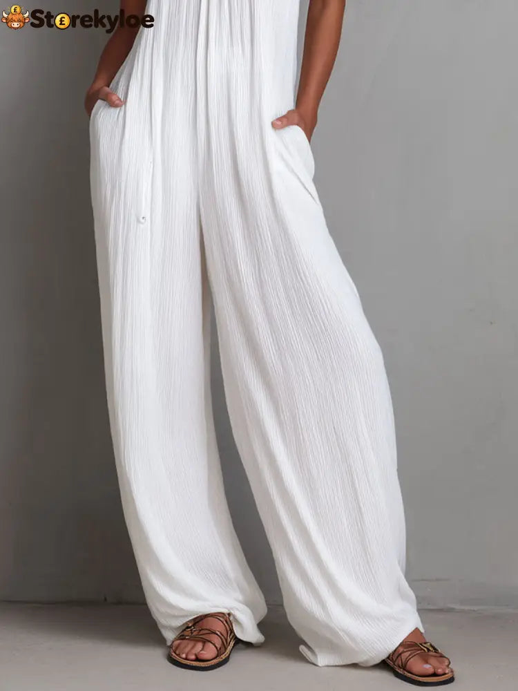 Resort White Pleated Halter Wide-Leg One-Piece Jumpsuit