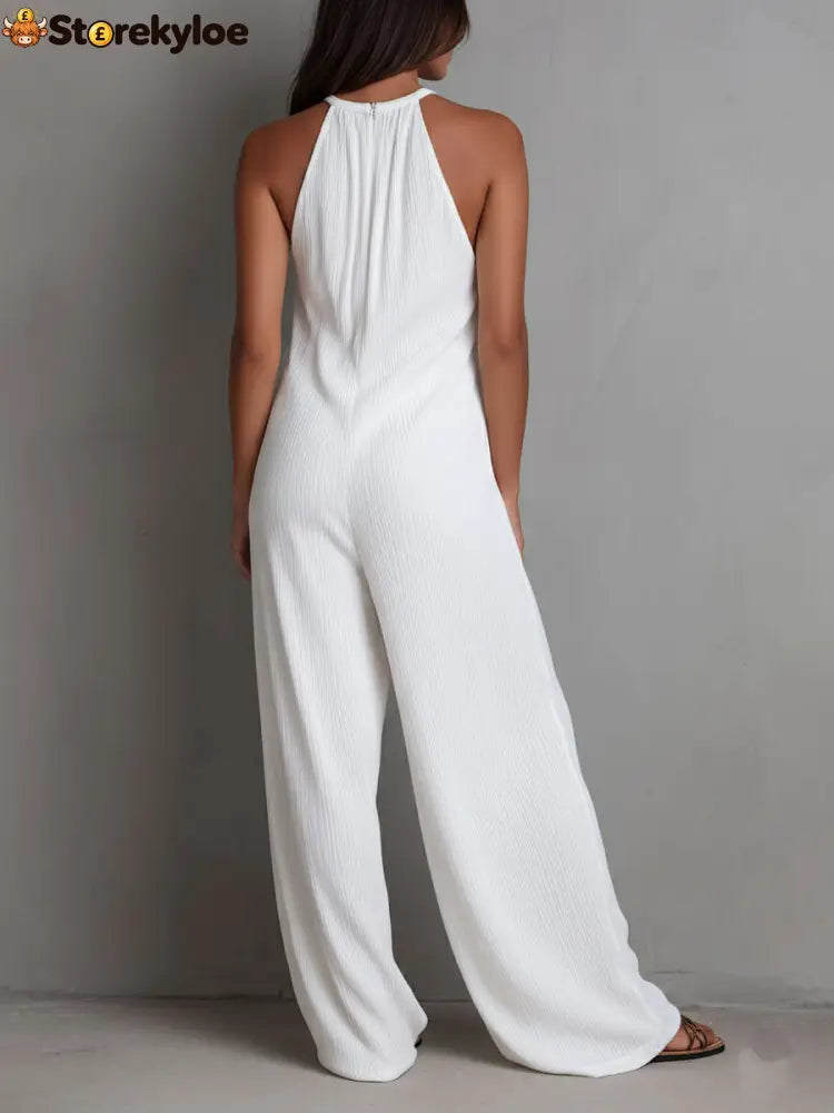 Resort White Pleated Halter Wide-Leg One-Piece Jumpsuit