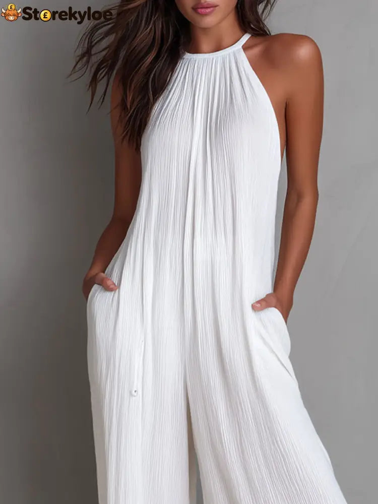 Resort White Pleated Halter Wide-Leg One-Piece Jumpsuit