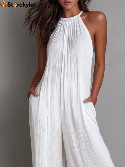 Resort White Pleated Halter Wide-Leg One-Piece Jumpsuit