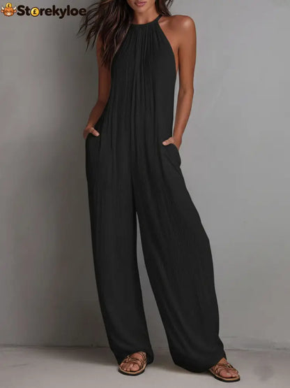 Resort White Pleated Halter Wide-Leg One-Piece Jumpsuit - Black / XS