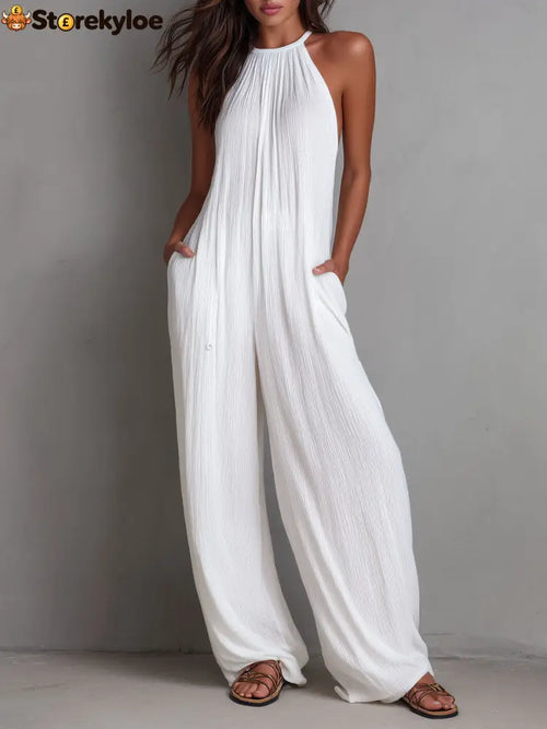 Resort White Pleated Halter Wide-Leg One-Piece Jumpsuit - White / XS