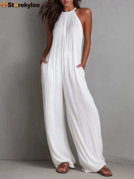 Resort White Pleated Halter Wide-Leg One-Piece Jumpsuit - White / XS