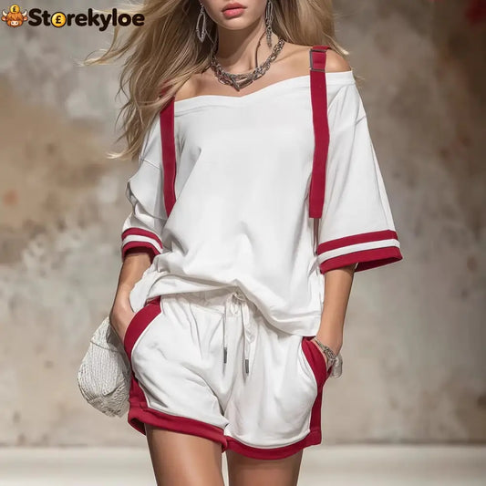 Retro Color-blocked Off-shoulder Short-sleeved T-shirt And Shorts Set - White / S