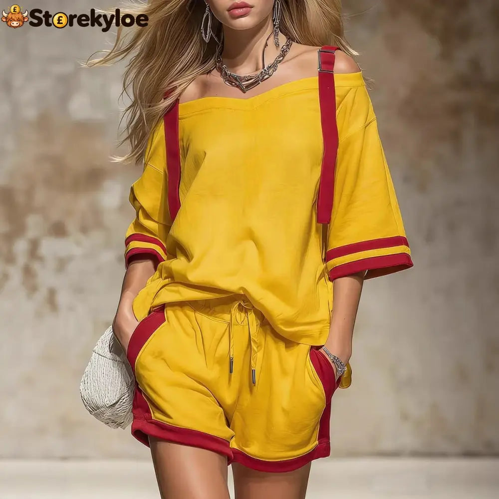 Retro Color-blocked Off-shoulder Short-sleeved T-shirt And Shorts Set - Yellow / S