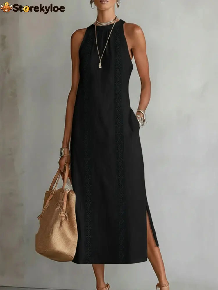 🌿 Retro Cozy Lace Minimalist Linen Dress - Black / S