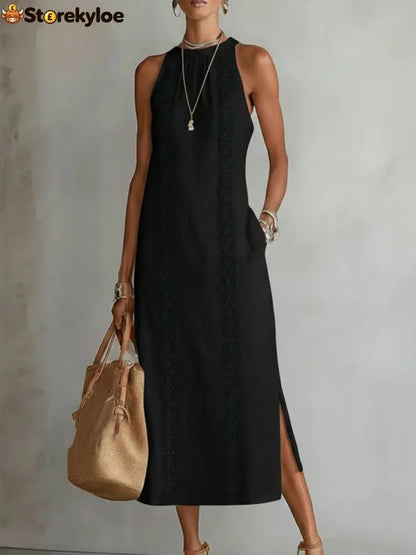 🌿 Retro Cozy Lace Minimalist Linen Dress - Black / S